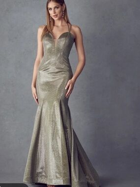 NWT-Gold Metallic Mermaid Gown w/ Spaghetti Straps ASHLEYLAUREN COLLECTION 1860